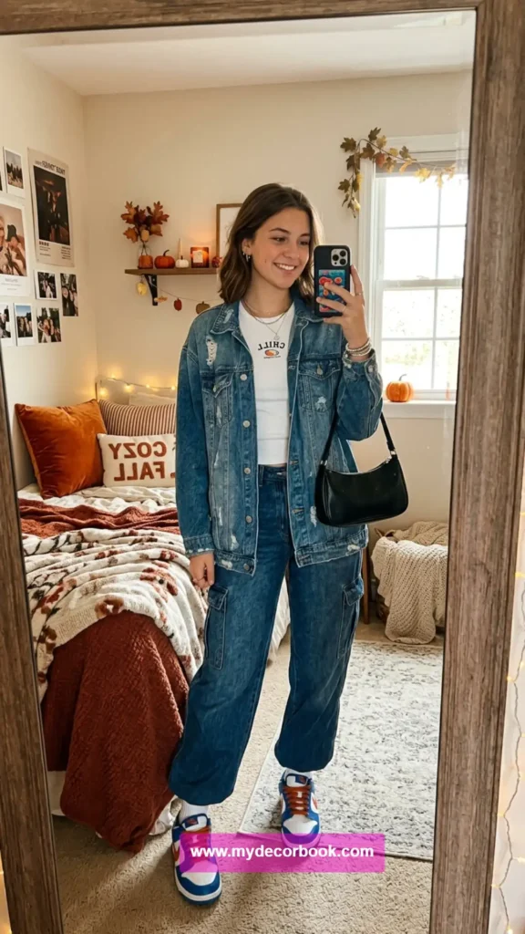 1. Oversized Denim Jacket With Baby Tee and Baggy Jeans