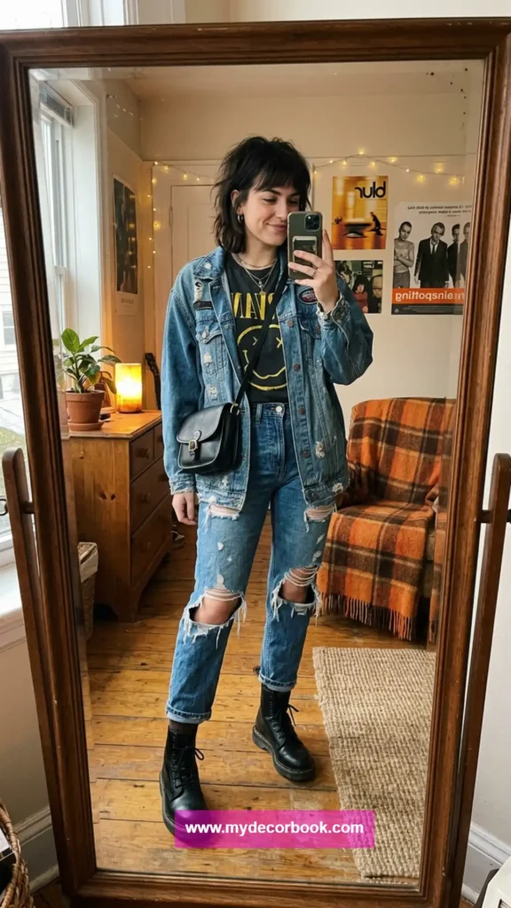 1. Oversized Denim Jacket With Combat Boots