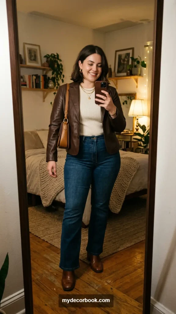 10. Brown Faux-Leather Jacket With Bootcut Jeans