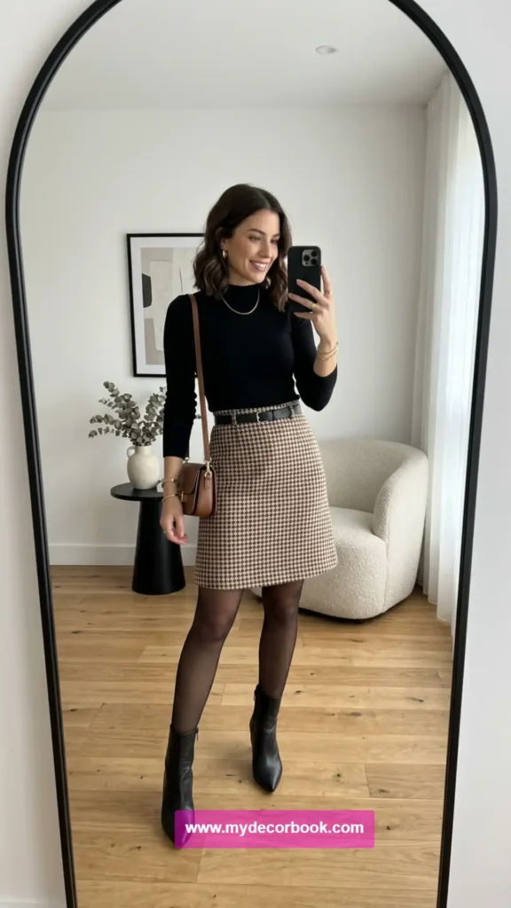 10. Houndstooth Skirt With a Fitted Mock Neck