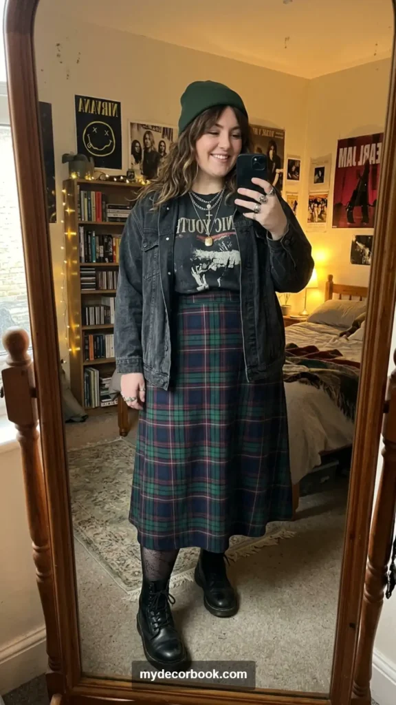 11. Graphic T-Shirt With a Long Plaid Skirt