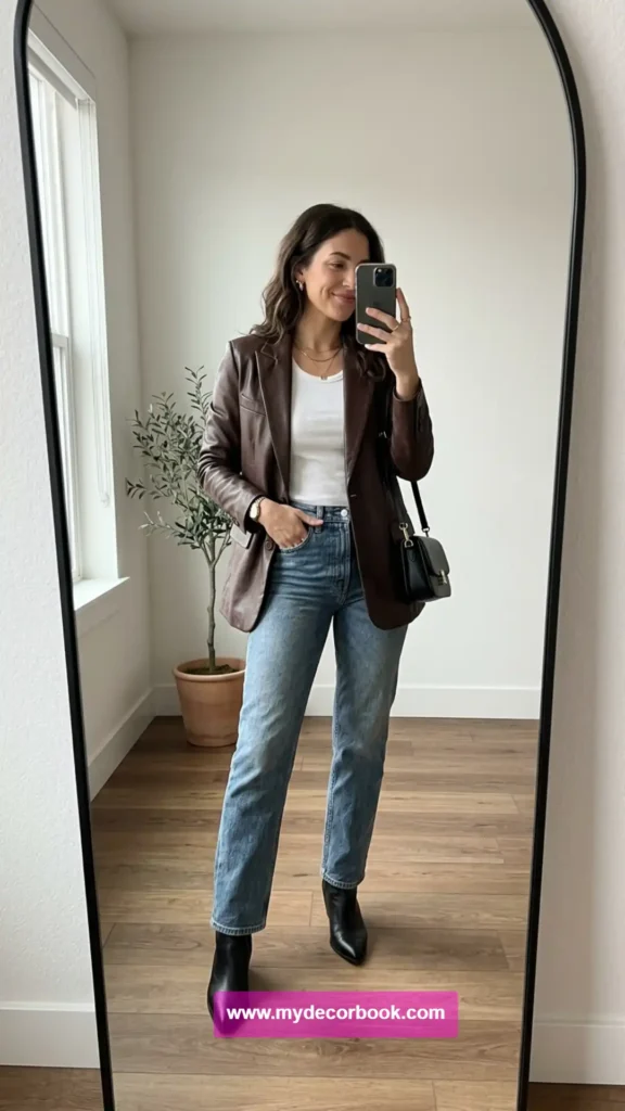 11. Leather Blazer With Straight-Leg Jeans
