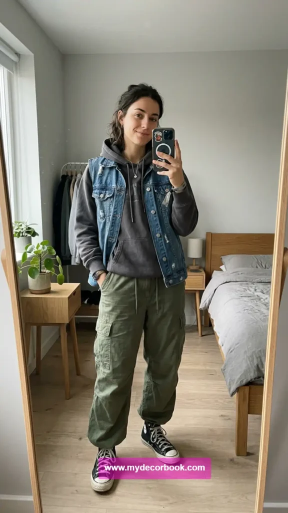 12. Denim Vest Over Hoodie