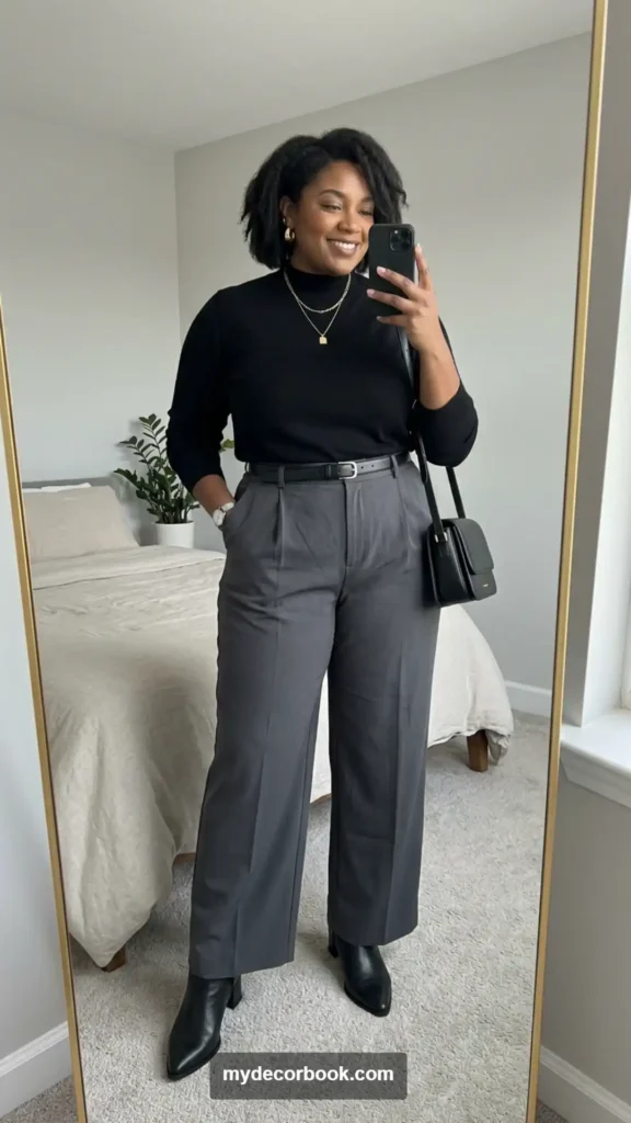 12. Wide-Leg Trousers With a Fitted Mock-Neck Top
