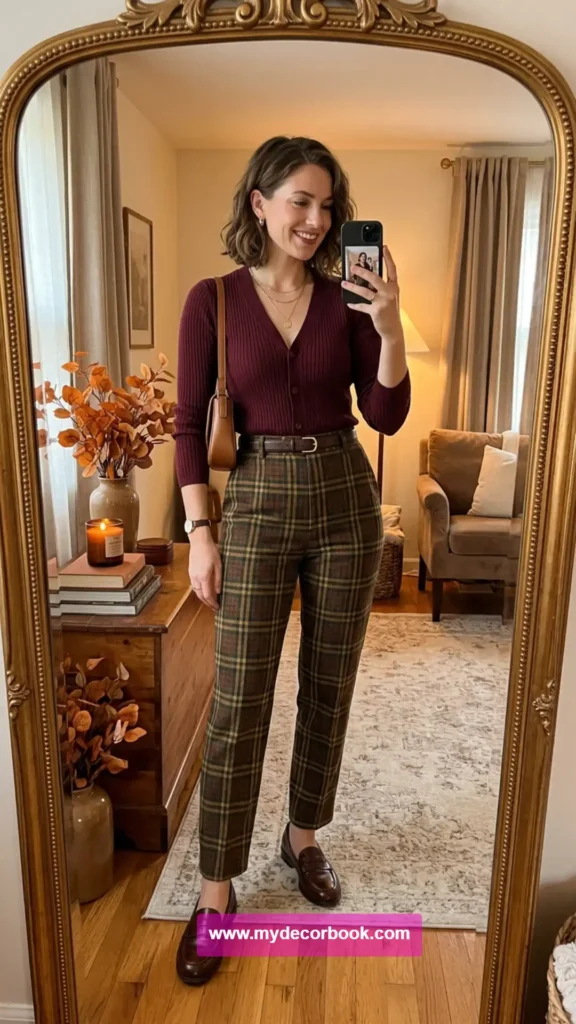 13. Plaid Trousers With a Fitted Cardigan
