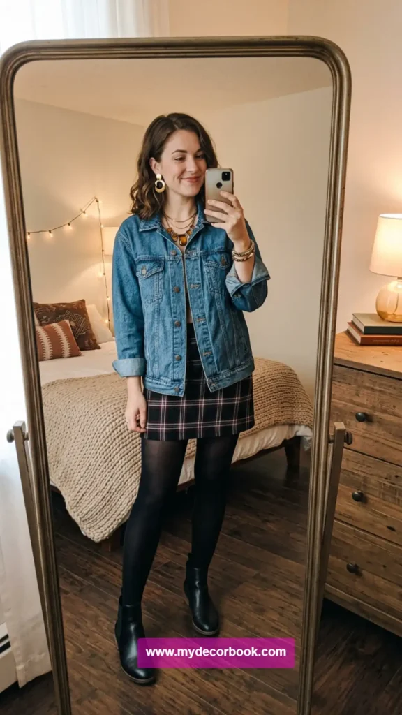 14. Denim Jacket With Mini Skirt And Tights