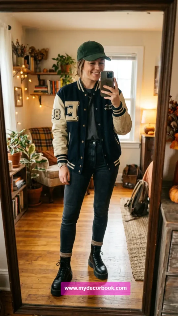 14. Varsity Jacket With Chunky Boots