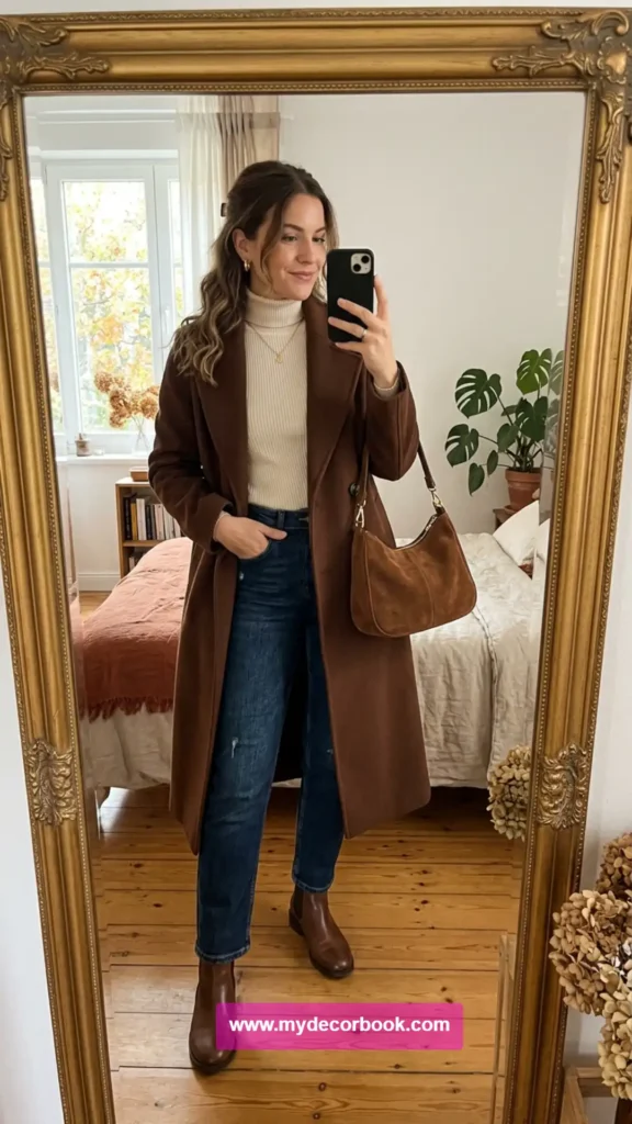 15. Dark Denim With a Chocolate Brown Coat