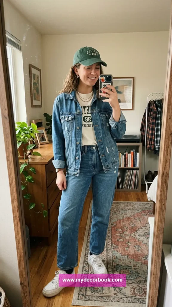 15. Denim Jacket With Baseball Cap Style