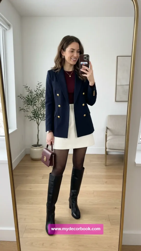 15. Navy Blazer With a White Mini Skirt