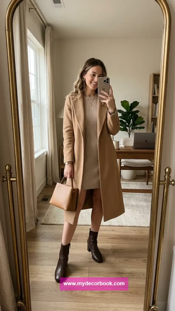 15. Neutral Knit Dress With Long Coat