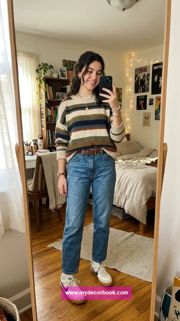 15. Striped Knit Sweater With Vintage Blue Jeans