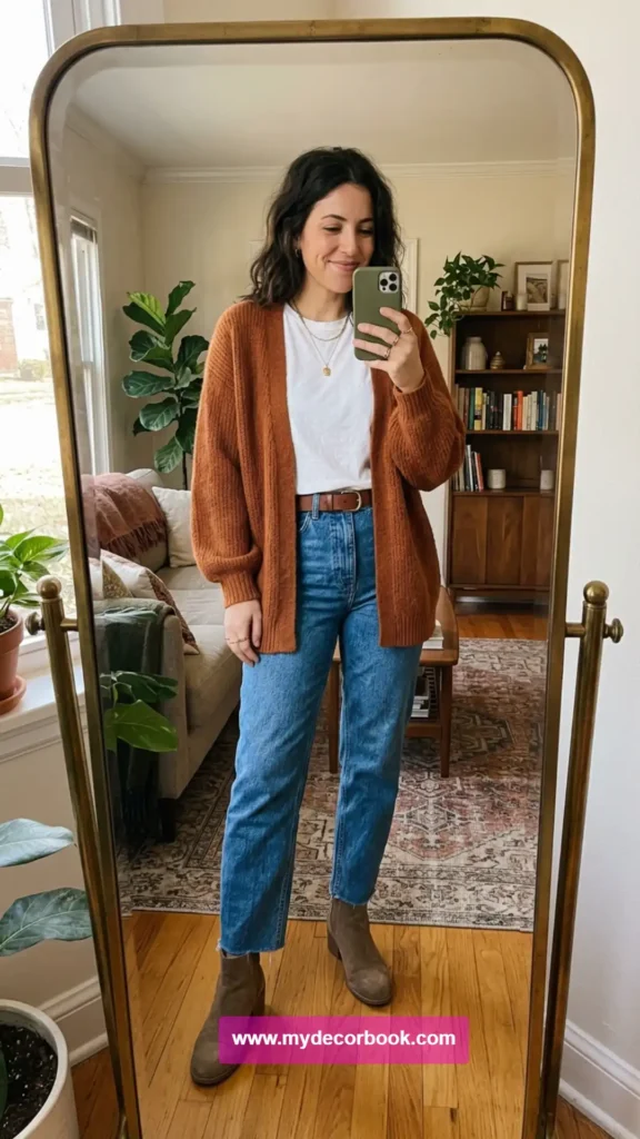 16. Cardigan And Mom Jeans With Ankle Boots