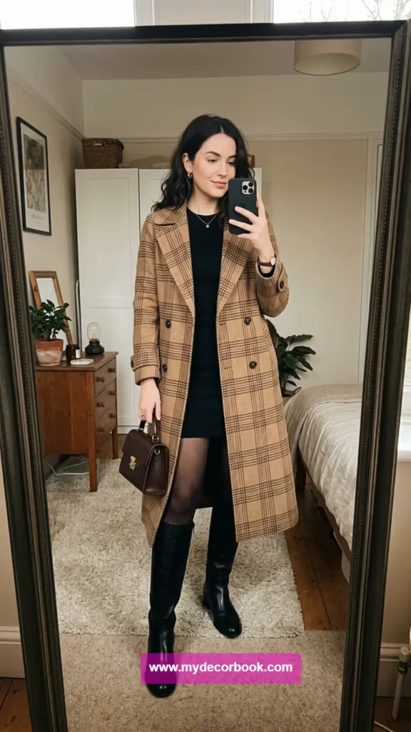 16. Checked Coat Over a Mini Dress