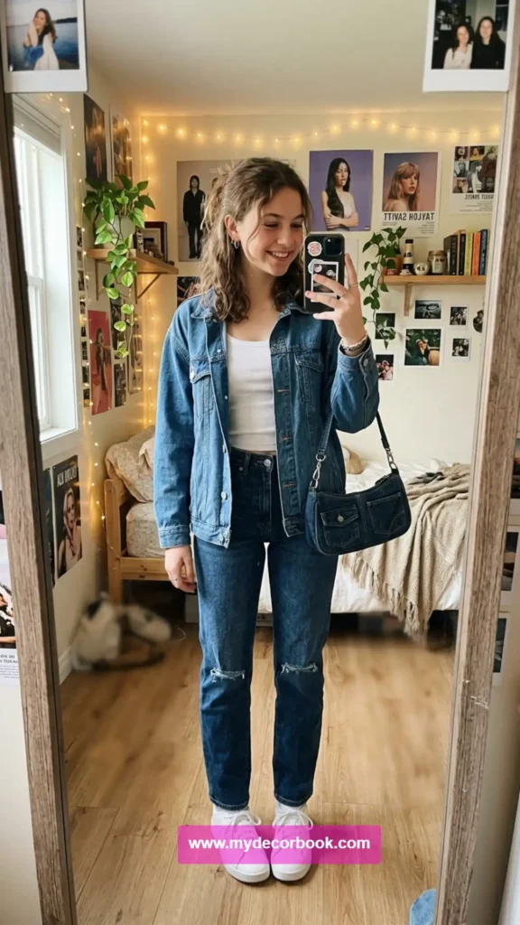 17. Double Denim With a Y2K Shoulder Bag