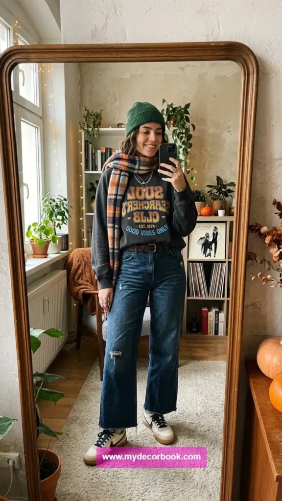 17. Graphic Sweatshirt With Wide Jeans