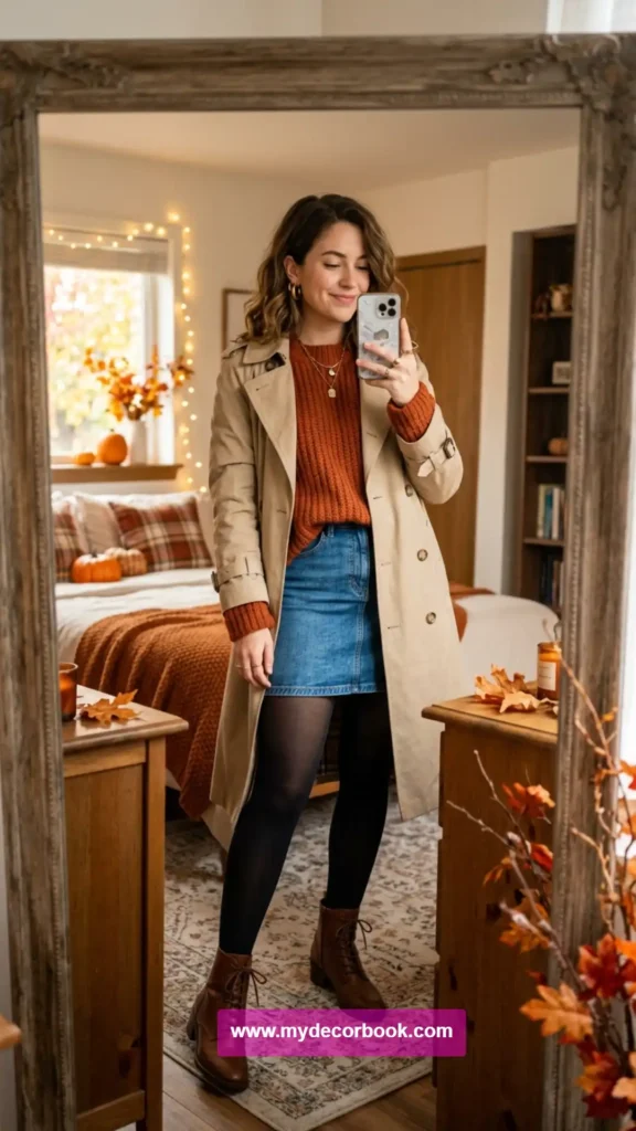 18. Denim Skirt With Fall Layers