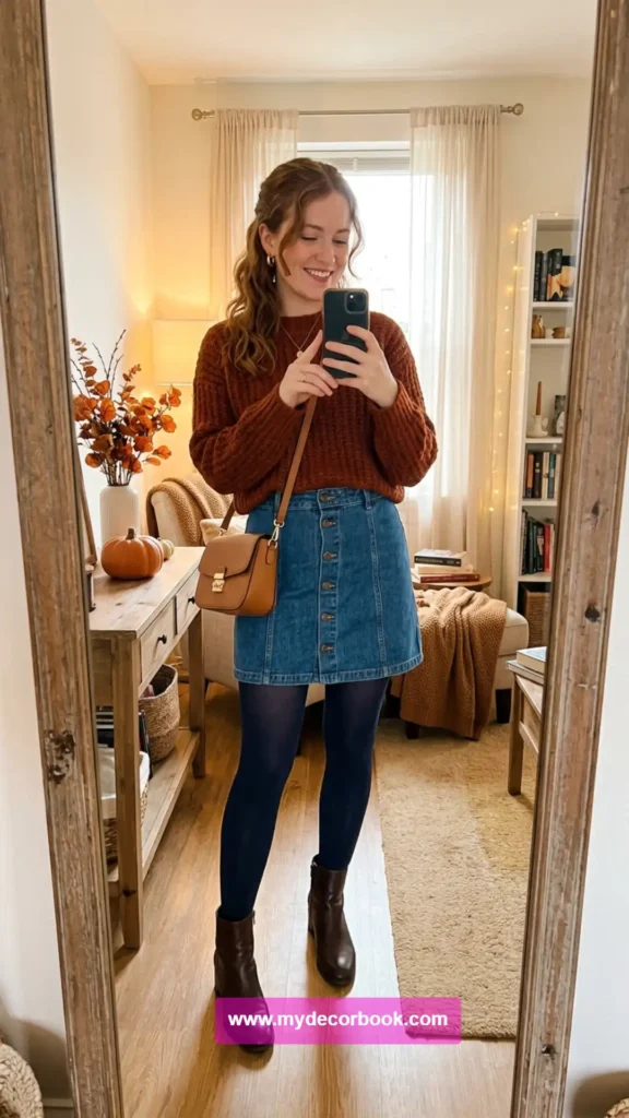 18. Denim Skirt With Knit Sweater