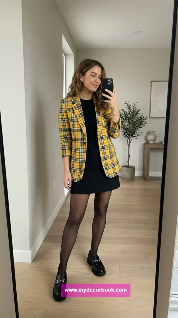 18. Plaid Blazer With Black Tights and Loafers