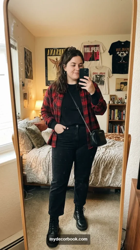 2. Oversized Flannel Shirt With Black Straight-Leg Jeans