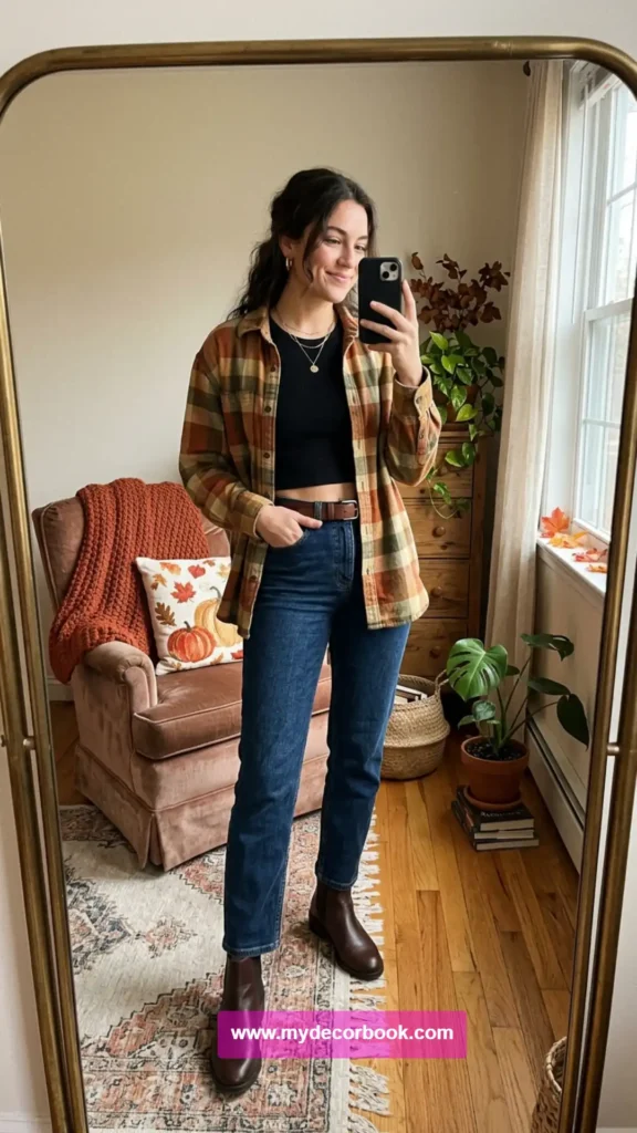 2. Plaid Shirt Layered Over a Crop Top With Ankle Boots