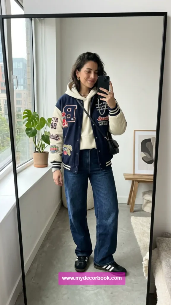 2. Varsity Jacket With Wide-Leg Jeans