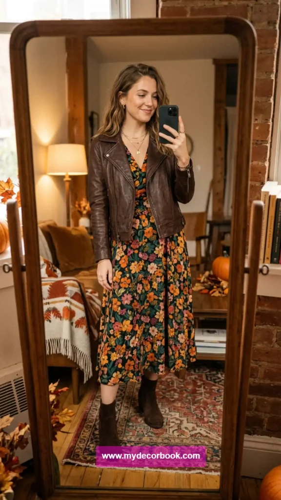 20. Brown Jacket With Floral Dress
