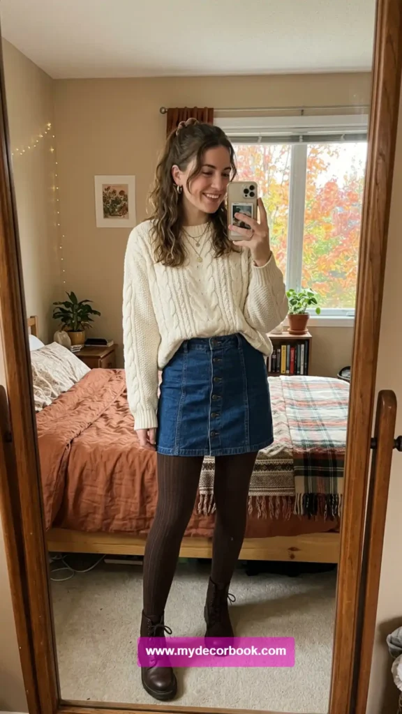 21. 90s Denim Skirt and Sweater Combo