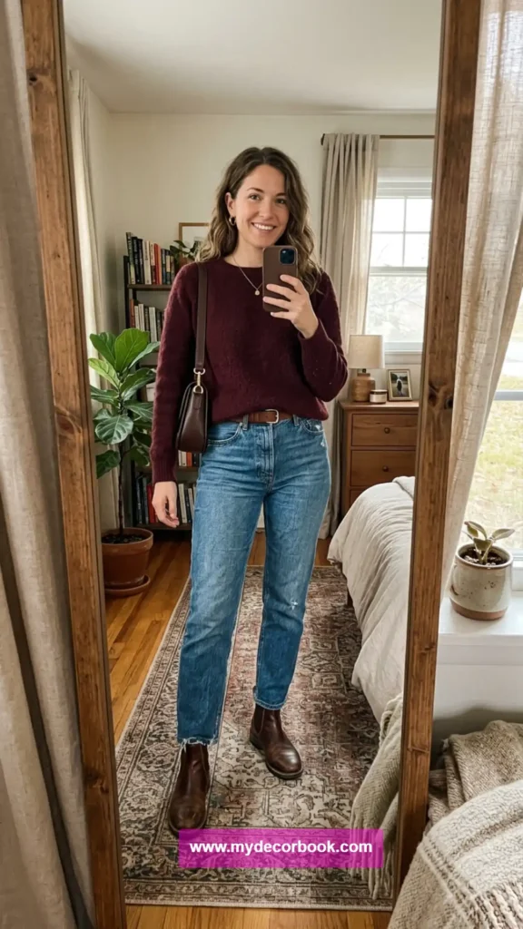 21. Burgundy Sweater With Blue Jeans