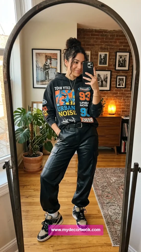 21. Graphic Hoodie With Leather Pants