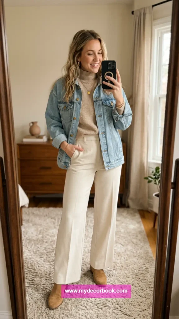 21. Light Wash Denim Jacket With Beige Layers