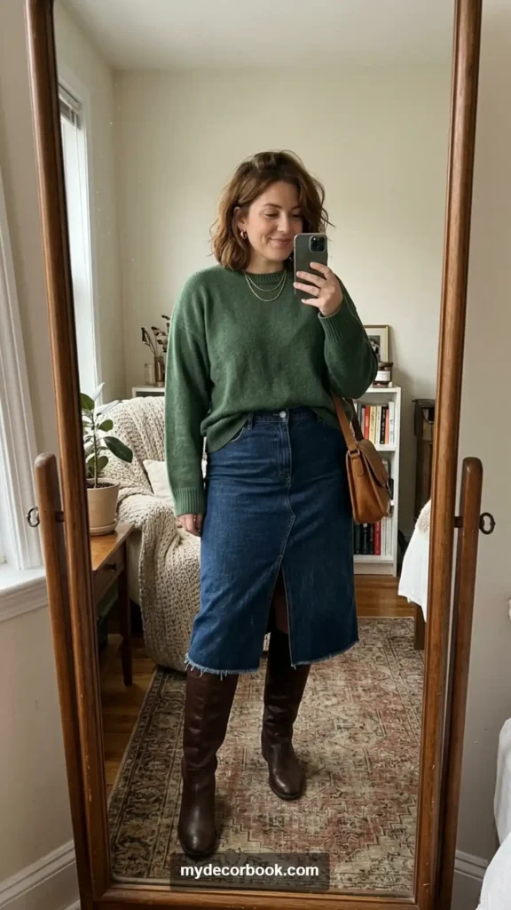 21. Midi Denim Skirt With a Slouchy Sweater