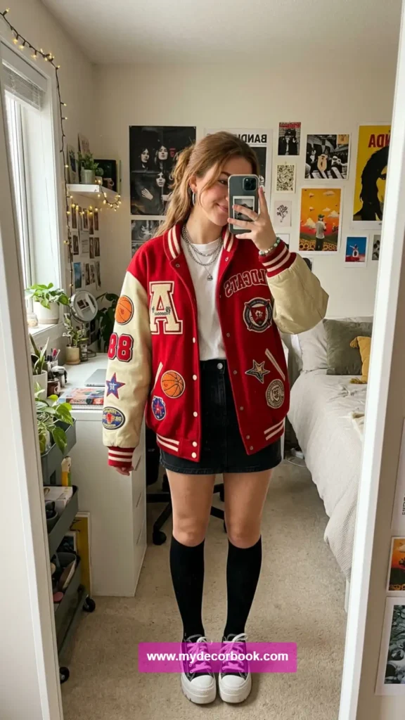 21. Oversized Varsity Jacket With Mini Skirt