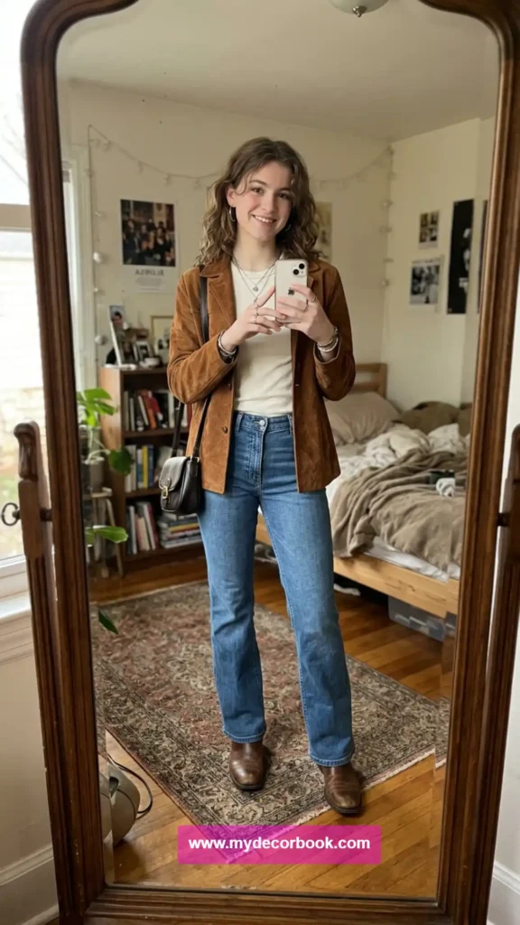 22. Brown Suede Jacket With Bootcut Jeans