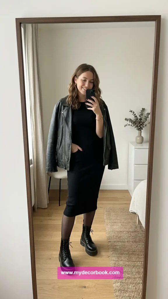 23. Black Midi Dress With Chunky Boots