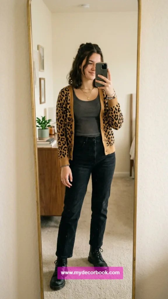24. Leopard-Print Cardigan With Black Jeans
