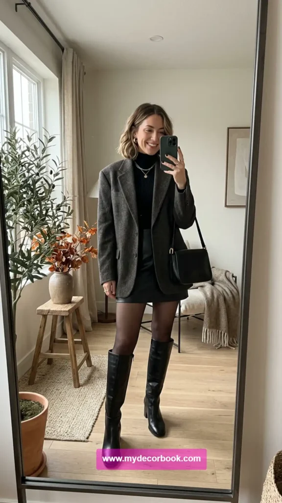 24. Mini Skirt With Oversized Blazer And Boots
