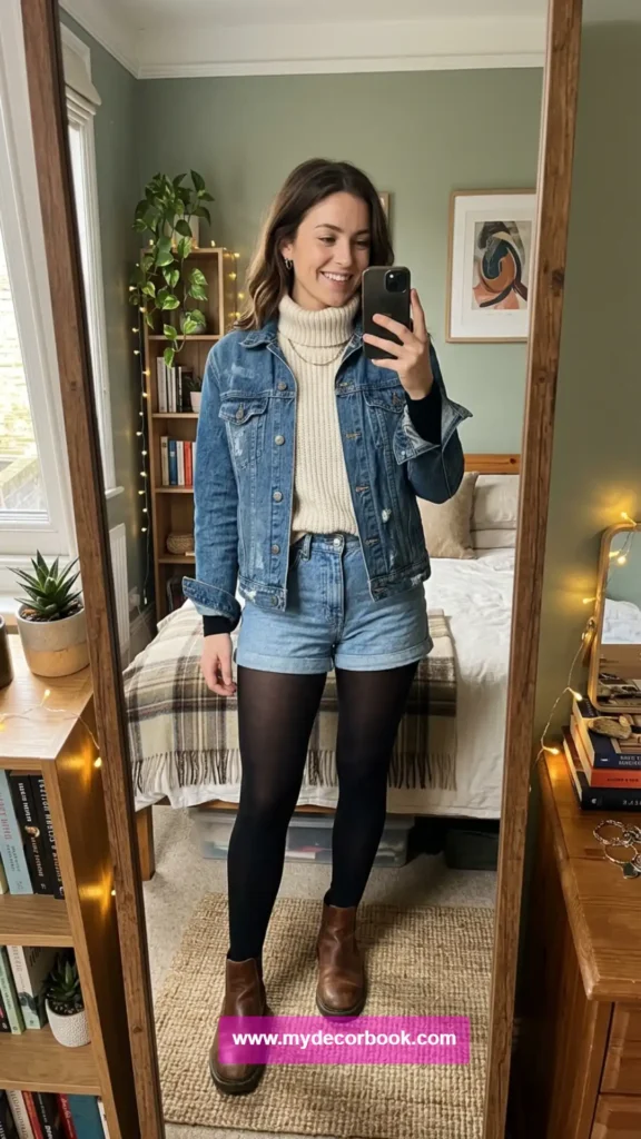 26. Denim Jacket With Vintage Denim Shorts And Tights