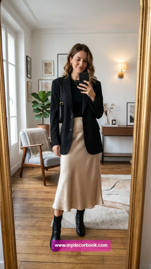 28. Black Blazer With a Satin Midi Skirt