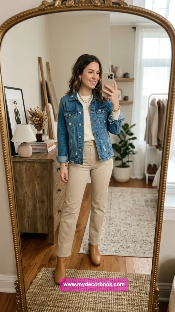 28. Denim Jacket With Neutral Monochrome Layers