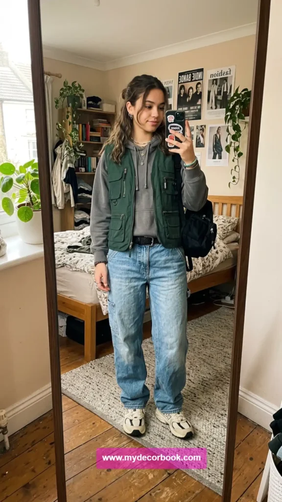 29. Utility Vest With Hoodie and Loose Denim