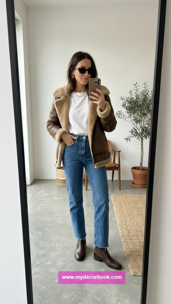 29. White Tee, Blue Jeans, and a Shearling Jacket