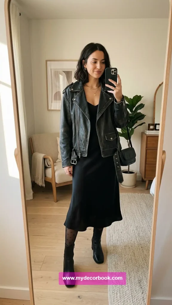 3. Black Slip Dress With a Leather Jacket