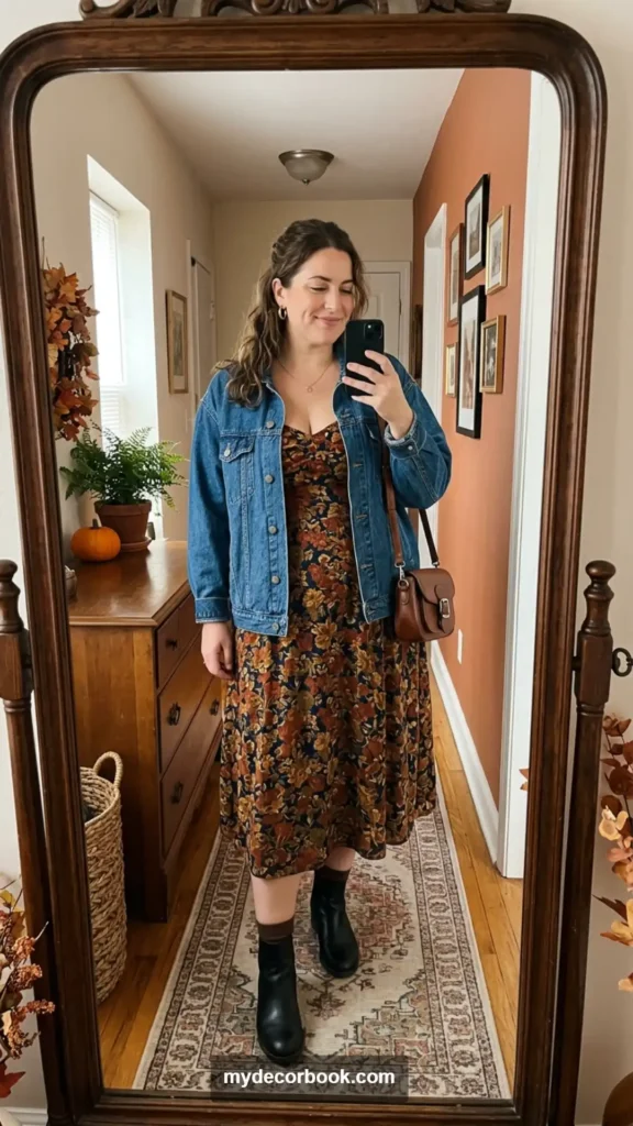 3. Denim Jacket Over a Floral Midi Dress