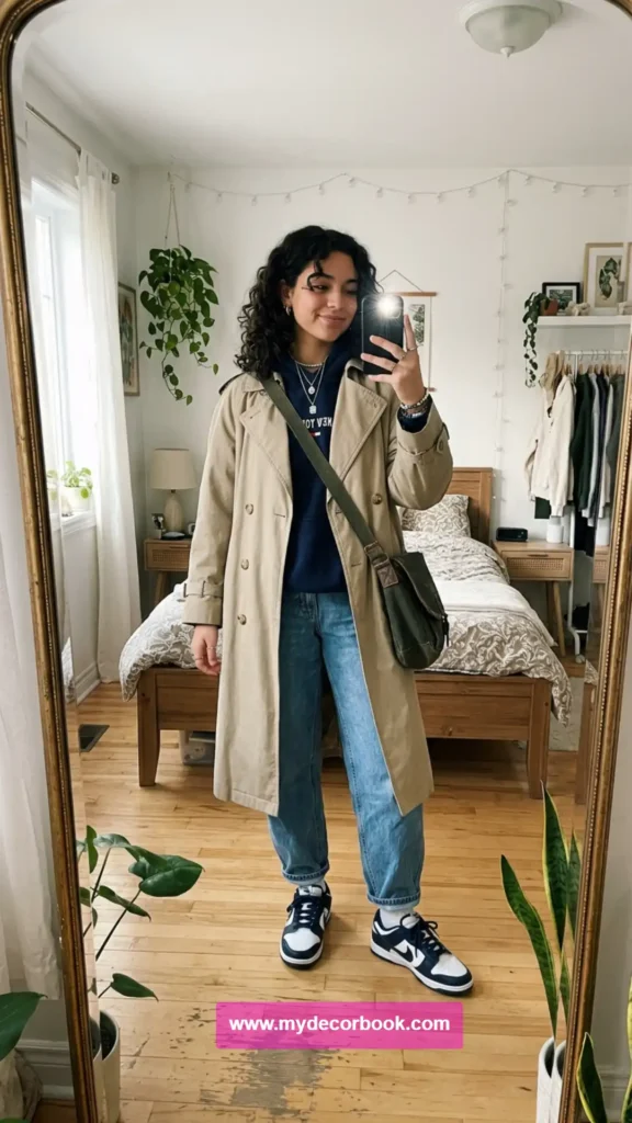 30. Vintage Trench Coat With Hoodie and Sneakers
