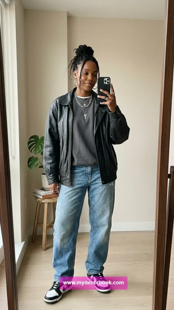4. Leather Jacket With Loose Denim