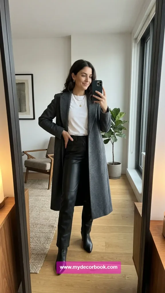 4. White Tee, Leather Pants, and a Long Coat