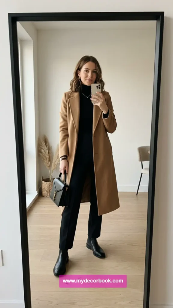 5. Camel Coat Over an All-Black Base