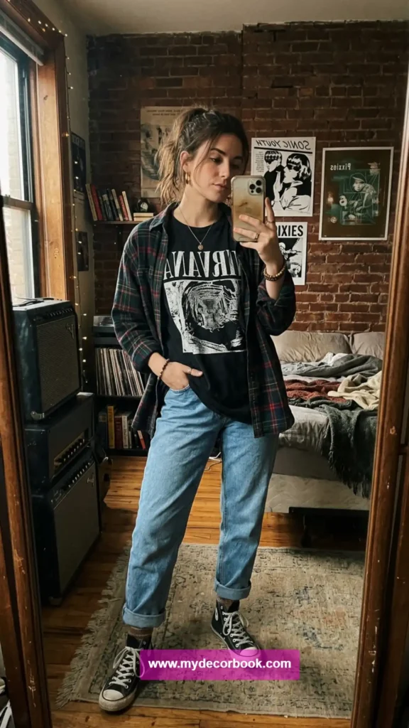 5. Graphic T-Shirt Layered With Flannel Shirt