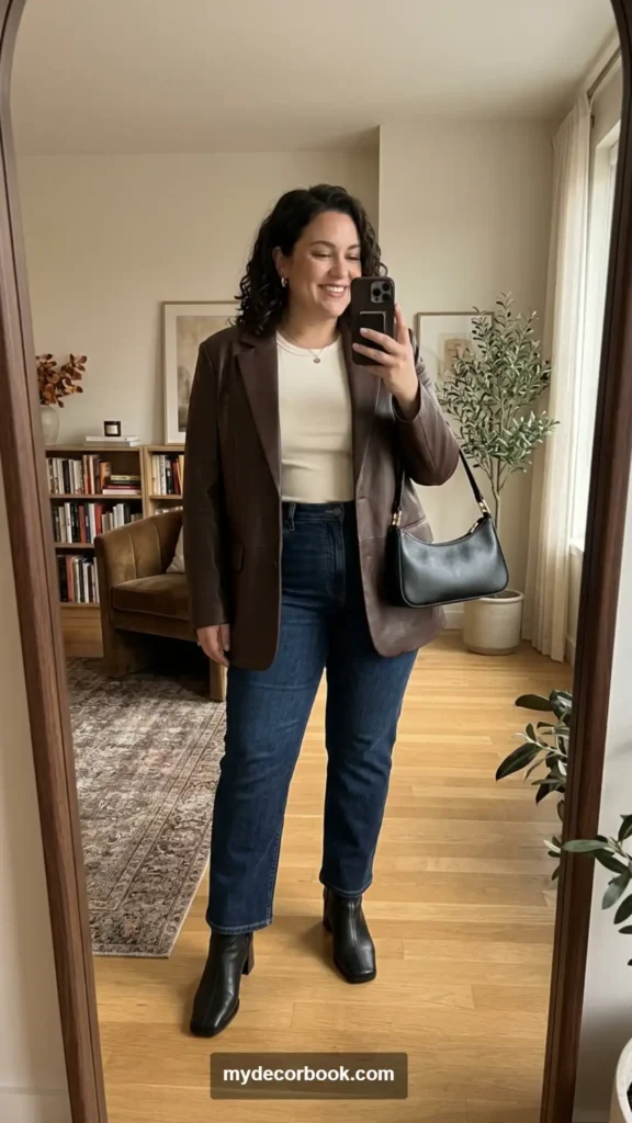 5. Leather Blazer With Straight-Leg Denim